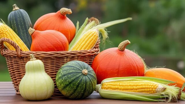 Autumn harvest pumpkins squash and corn displayed in woven basket