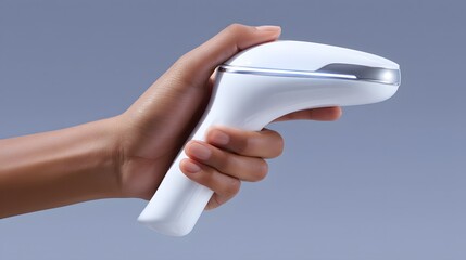 Modern Device in Hand: An up-close view captures a hand firmly gripping a sleek, modern device with minimalist design, presenting it against a clean, uncluttered background.