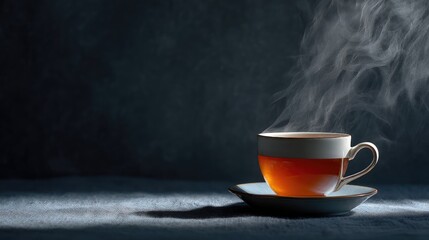 Steam Rising from a Freshly Brewed Cup of Tea on a Dark Background in a Cozy Setting for Relaxation or Enjoyment