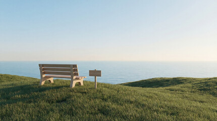 A wooden bench sits on a grassy hill overlooking the calm, glistening Ocean under a clear sky. Next to the bench stands a small wooden sign, adding to the peaceful scene.
