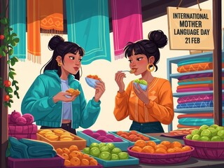 Women Shopping at Vibrant Cultural Market Celebrating Language Diversity