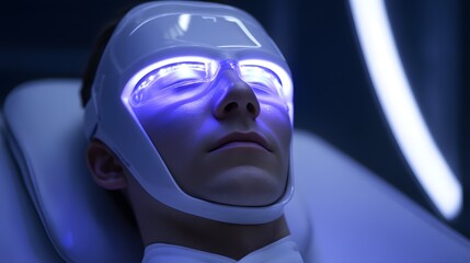 Futuristic Therapy: A serene individual experiences the transformative effects of advanced light therapy, their face illuminated by futuristic technology in a sterile, clinical setting.