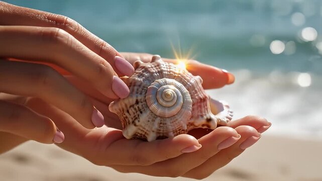 Hands Holding Seashells by the Beach in Sunlight.