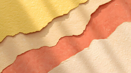 A vintage aged brown paper texture background featuring a torn ripped edge and cracked grunge surface on a blank antique cardboard page design