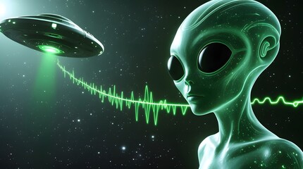Alien Communication Signal with Glowing Green Waveform and Translucent Figure