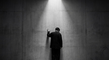 In monochromatic shadows, a lone figure in dark clothing stands with a hand pressed against a concrete wall, a spotlight illuminating the space like a beckoning beacon.