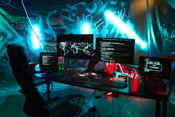 Empty workstation featuring multiple monitors displaying code and hacking tools, illuminated by neon lights with digital devices and accessories scattered across desk in dark room