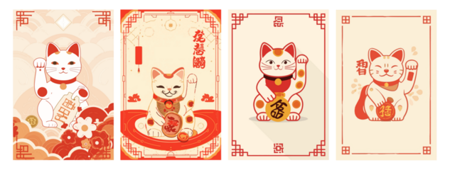  template card featuring a Chinese lucky cat pattern in a modern flat design style, with bold lines, minimal shading, and a vibrant color scheme