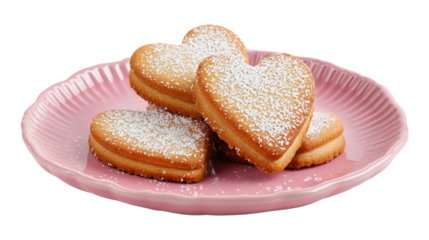Heap of heart shaped biscuits covered in icing sugar on pink plate transparent bg