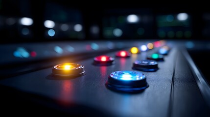 Illuminated Interface: A close-up showcases a row of multicolored, illuminated buttons on a sleek, metallic panel, evoking futuristic technology and interactive design.