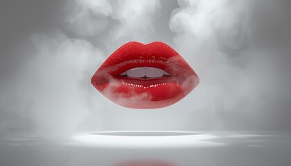 Obraz premium A close-up image of a pair of plump lips with bright red lipstick and slightly parted in front of a smoky, cloudy background.
