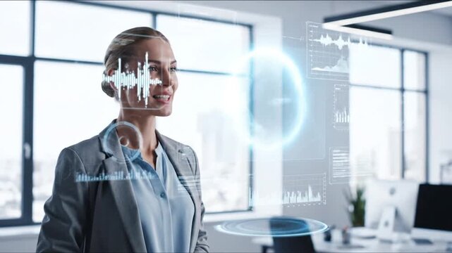 Businesswoman Interacting with Virtual Data Interface.