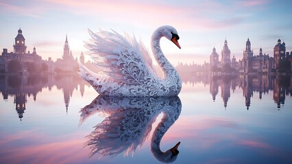 A graceful white swan glides across calm water with a city skyline in the background during sunset