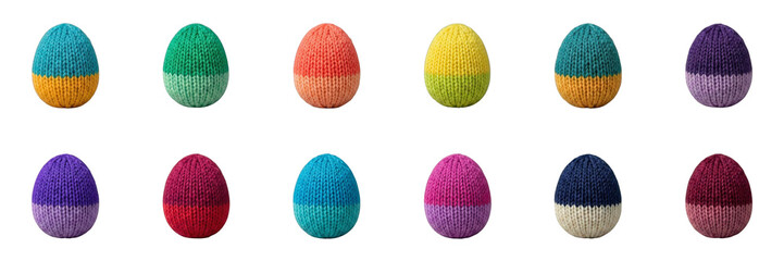 Colorful decorative knitted eggs in pastel shades for Easter celebration, isolated photorealistic images on a transparent background, collection, set, seamless pattern  
