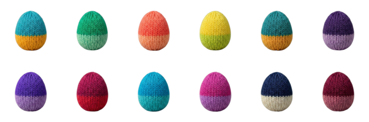 Colorful decorative knitted eggs in pastel shades for Easter celebration, isolated photorealistic images on a transparent background, collection, set, seamless pattern  