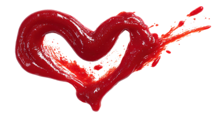 Heart shape made of ketchup with splash on transparent background high angle view