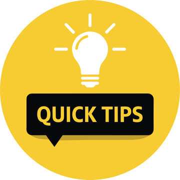Creative quick tips icon with glowing lightbulb symbol on yellow circle for advice information and helpful solutions