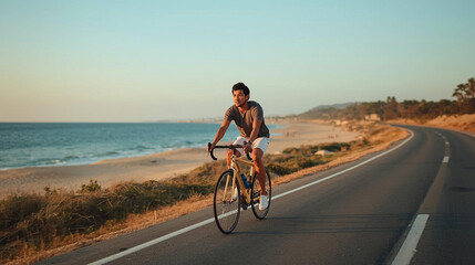Fototapeta premium A man riding a bicycle on a scenic coastal road with ocean view, enjoying a leisurely bike ride during sunset, perfect for travel and adventure themes.
