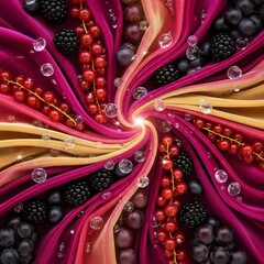 Abstract tactile artwork featuring velvet fabric with berries and sparkling crystal droplets in glossy surreal design
