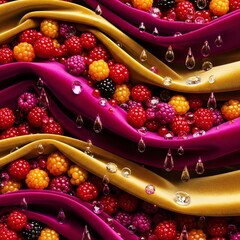 Abstract tactile artwork featuring velvet fabric with berries and sparkling crystal droplets in glossy design