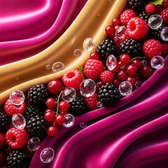Velvet fabric macro detail with berries and crystal droplets forming surreal glossy tactile abstract design