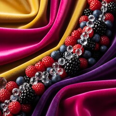 Glossy tactile composition of velvet fabric with berries and sparkling crystal droplets in abstract artwork