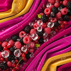 Luxurious velvet fabric decorated with berries and radiant crystal droplets in glossy abstract composition