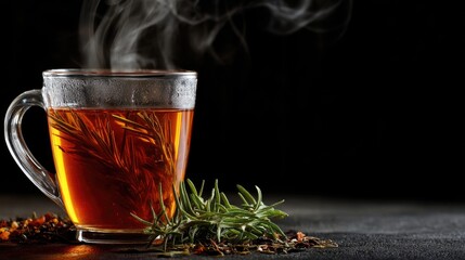 Warm and Inviting Herbal Tea Cup with Steam Rising, Surrounded by Fresh Herbs and Spices, Against Dark Background for Cozy Atmosphere
