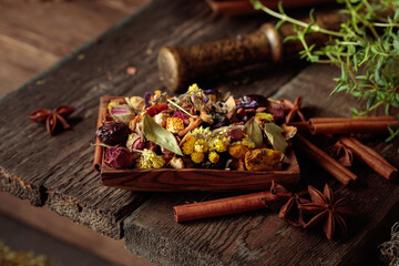 Close-up of various dried spices and herbs for herbal medicine.