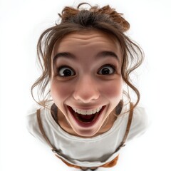 Extreme wide angle fisheye perspective captures a young woman with wide open eyes and a huge exaggerated smile showing genuine surprise or excitement against a clean white background.