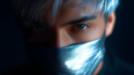 Silver Mask and Piercing Gaze: An artistic close-up reveals a person with striking silver hair and piercing eyes, a sleek mask conceals the lower face, evoking a sense of mystery and modern aesthetic.