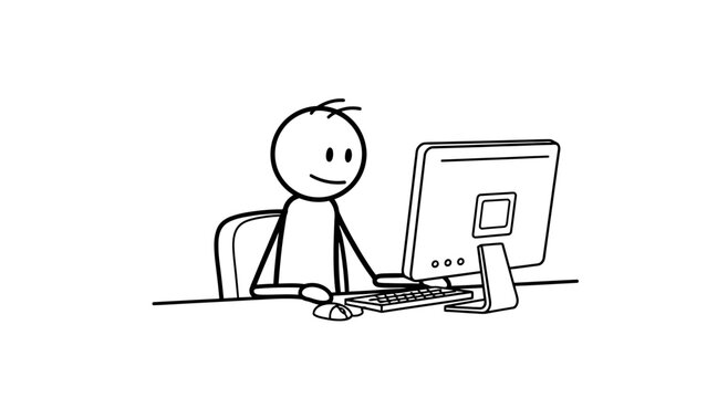 Simple stick figure working on a computer with a happy expression.