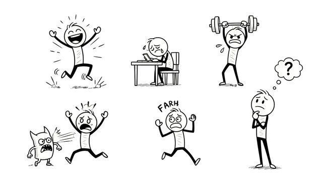 Cartoon characters expressing various emotions and activities.