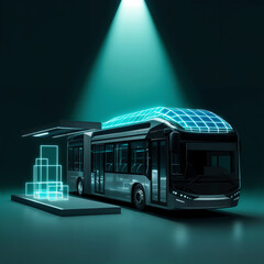 Futuristic electric public bus with a solar grid roof under a spotlight, highlighting sustainable urban transport design and innovation.