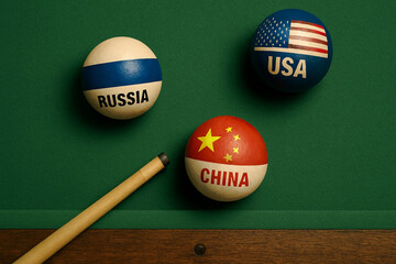 Geopolitics game with usa russia china billiard balls