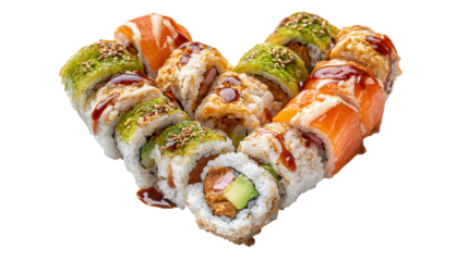 Heart shaped sushi rolls arrangement assortment on transparent backdrop studio shot
