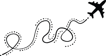 Whimsical airplane silhouette with looping dotted flight path, playful aviation journey concept for travel, tourism, adventure, and motion themes