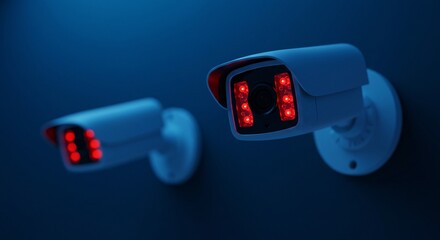 Two white security cameras with red lights mounted on a dark blue wall for surveillance