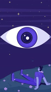 Giant floating eye watching man under stars lofi vertical animation. Surreal gaze. Man reclining on grassy hill, starry sky. Lo fi 2D cartoon animated 4k video. Chill aesthetic, live wallpaper
