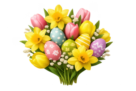Easter eggs in spring flower bouquet on transparent background - Powered by Adobe
