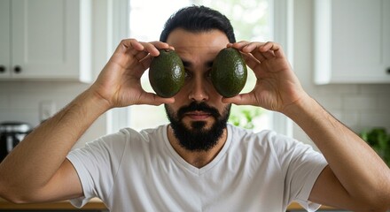 A man playfully holding avocados over his eyes in a kitchen setting with a cheerful expression
