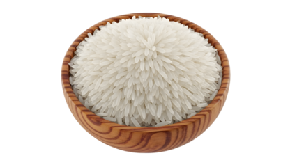 A closeup view of a wooden bowl filled with white rice grains against a black background
