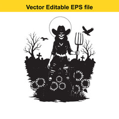 Spooky cowgirl skeleton holding pitchfork in graveyard with sunflowers and birds