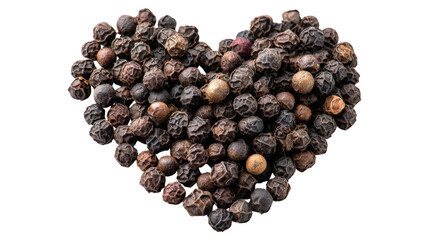 Obraz premium Pile of aromatic black peppercorns forming heart shape on transparent backdrop