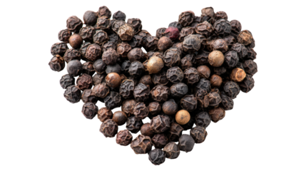 Pile of aromatic black peppercorns forming heart shape on transparent backdrop