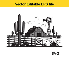  desert landscape with cacti and mountains in black and white vector illustration