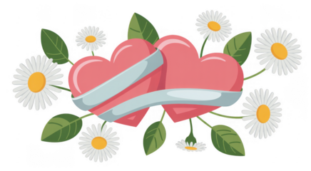 Pink heart with bandage and white daisies flowers isolated on a transparent background