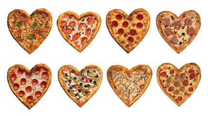 Selection of heart shaped pizzas isolated on transparent background for project