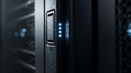 Water Condensation on Electronic Server Panel with Glowing Blue LED Indicator Lights