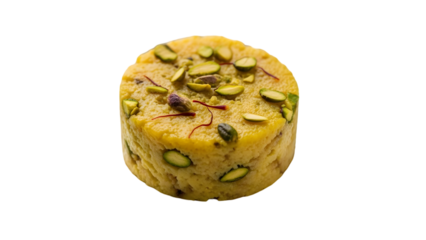 Round dessert with pistachios and saffron strands on against a black background